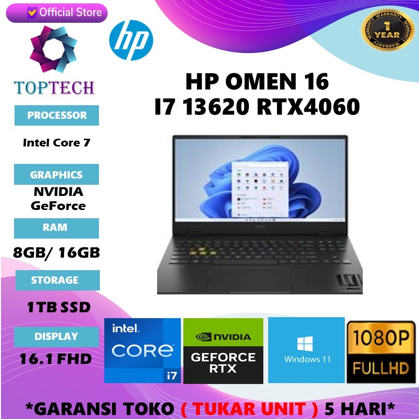 HP OMEN 16 I7 13620 RTX4060 RAM 8GB/ 16GB SSD 1TB WINDOWS11 16.1 FHD IPS 165HZ