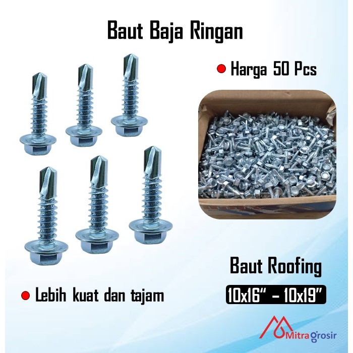 Baut Baja Ringan / Baut Skrup Baja Ringan 10x16 10x19 Termurah 50 Pcs Mild Steel Bolts Roofing Sekru