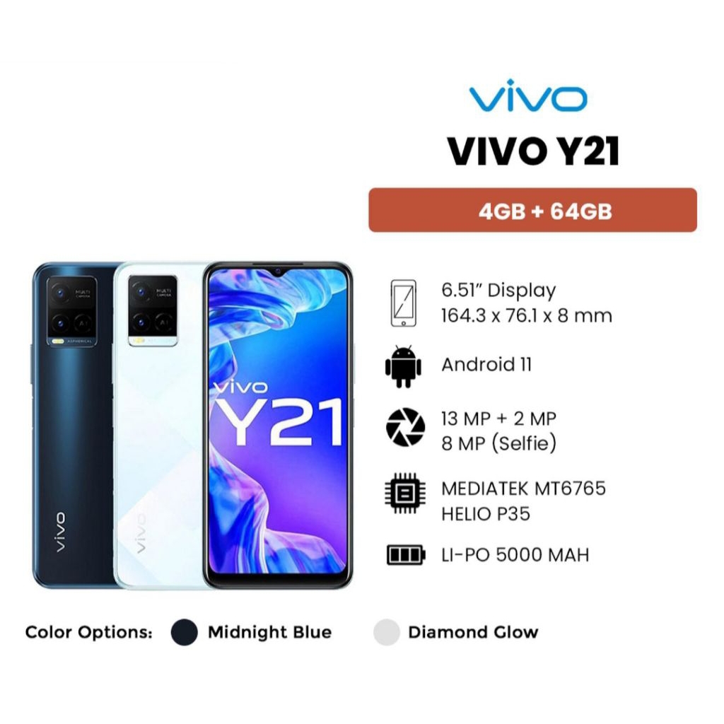 HP VIVO Y21 4/64 GB - VIVO Y 21 RAM 4GB ROM 64GB GARANSI RESMI