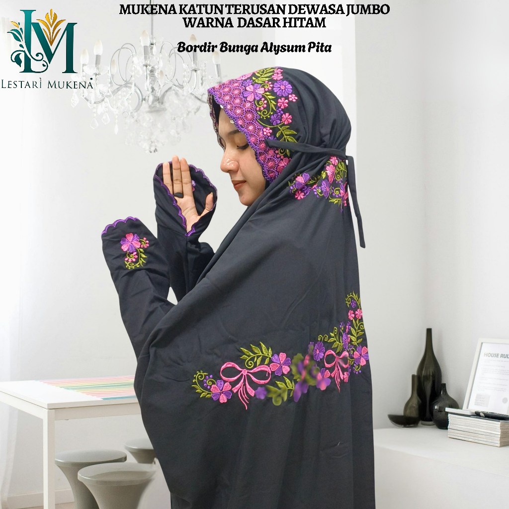 Mukena Jumbo Dewasa Terusan Bahan Katun Polino Kain Hitam Motif Bunga Alysum
