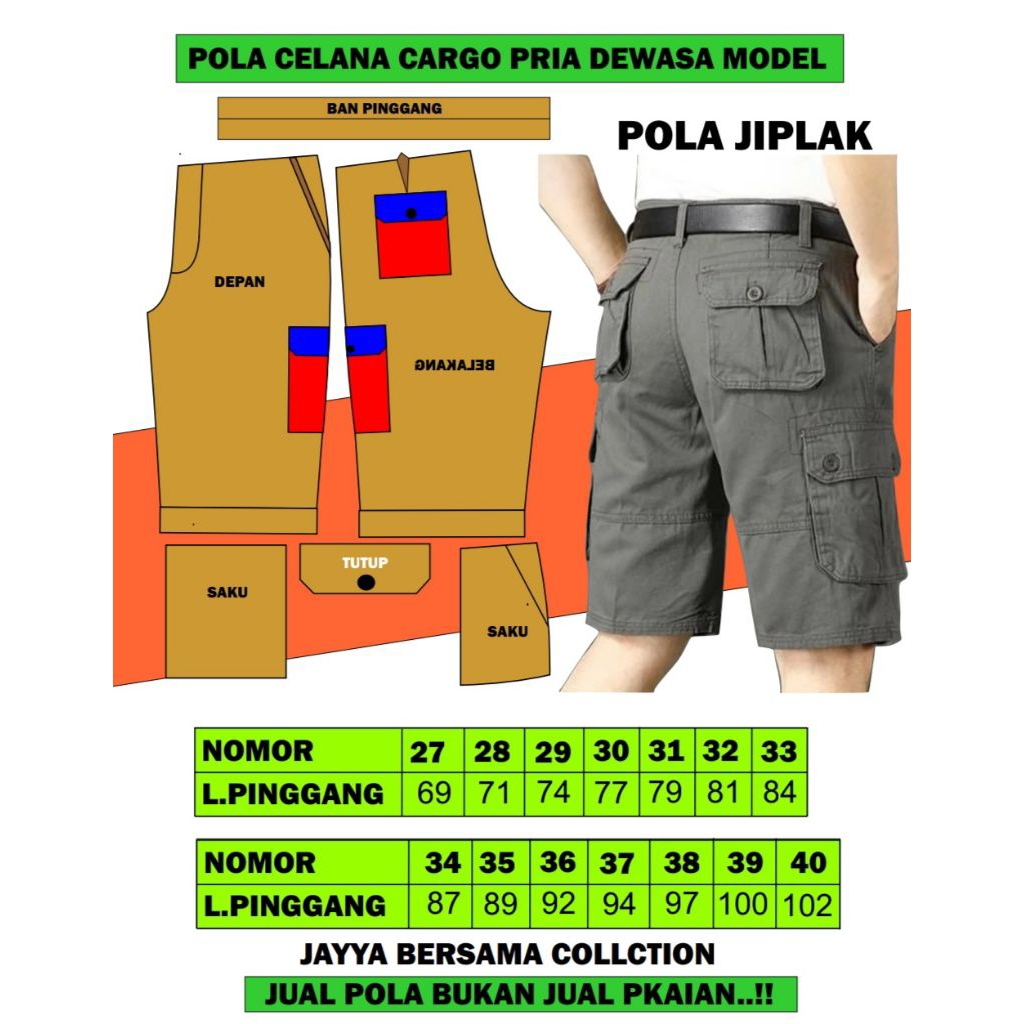 Pola celana pendek cargo pria trendi nomor 27-40