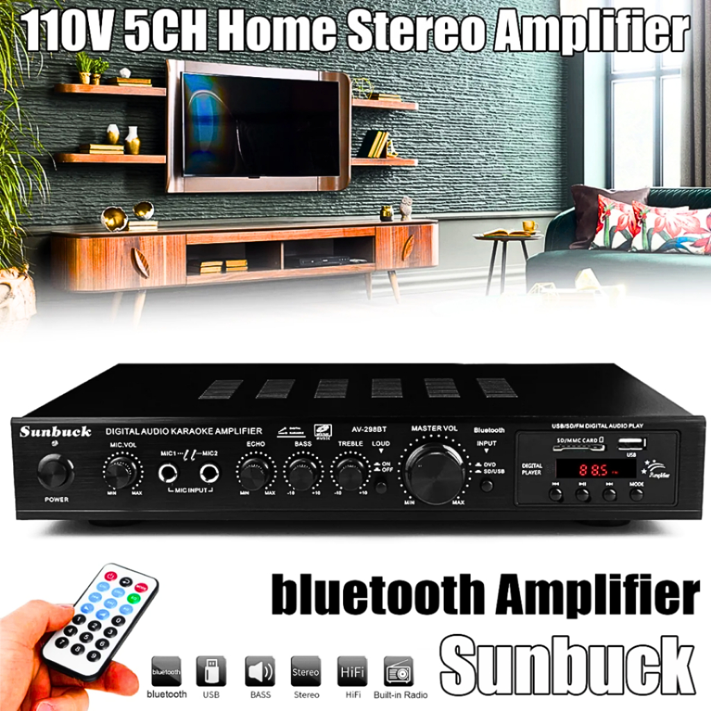 Amplifier Karaoke Av-298Bo Ampli Masjid Bluetooth Super Bass Rumahan Eq Mixer Audio Fm