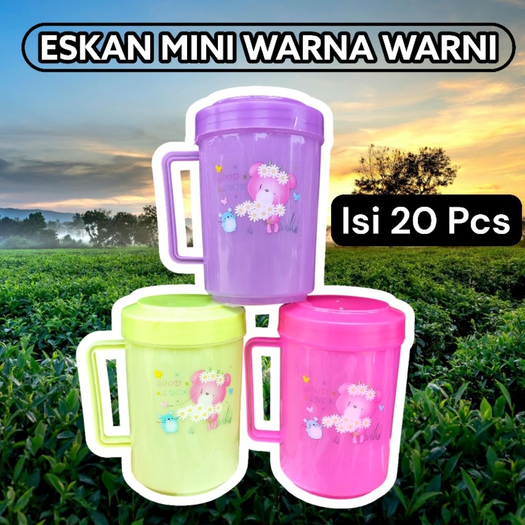 ( isi 20 pcs ) Gelas tutup plastik mini warna warni bergambar / eskan mini tutup / mug tutup / cangk