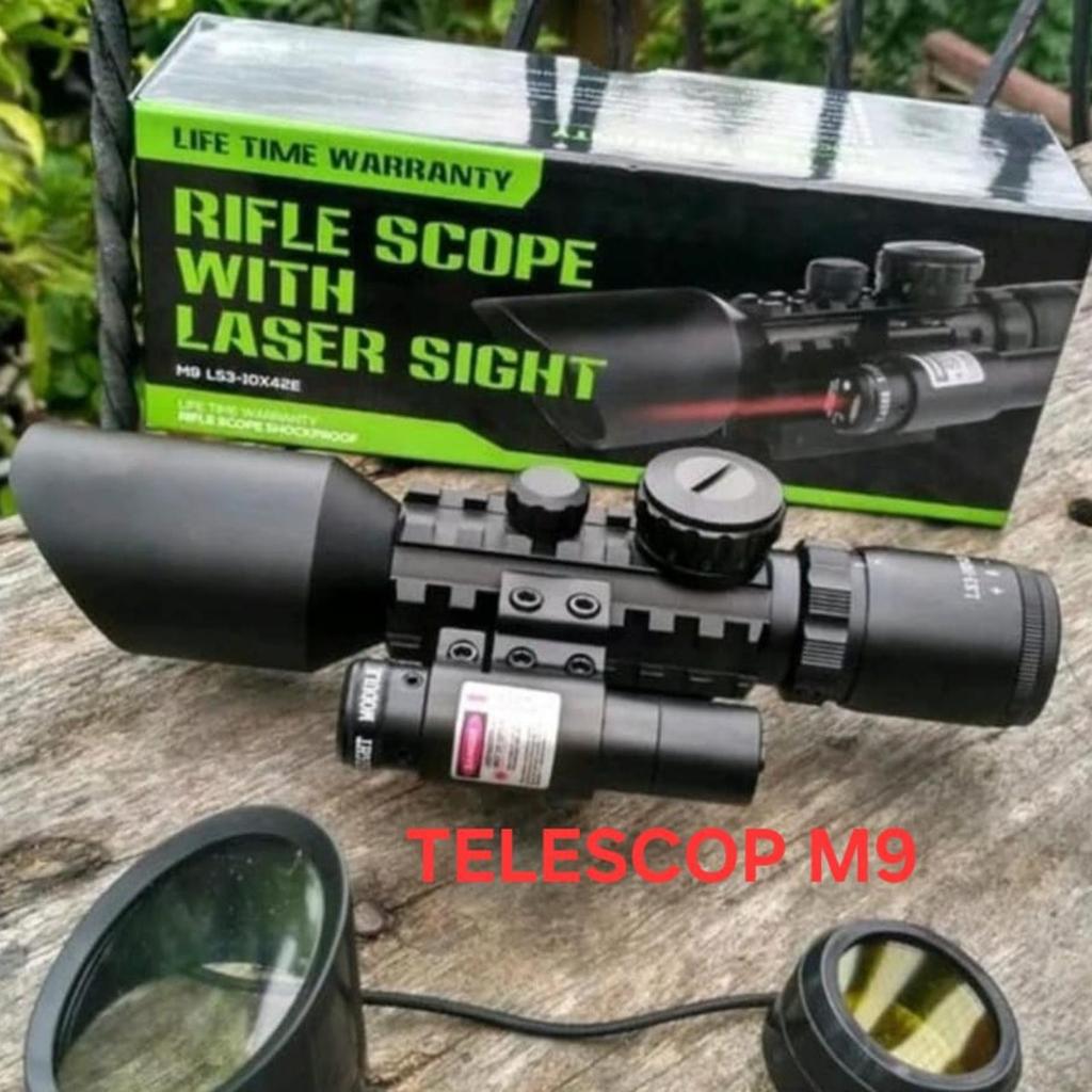 Teleskop Riflescope M9 3-10X42 Plus Red Laser Jarak Jauh Laser Pointer Tahan Getar / Teleskop