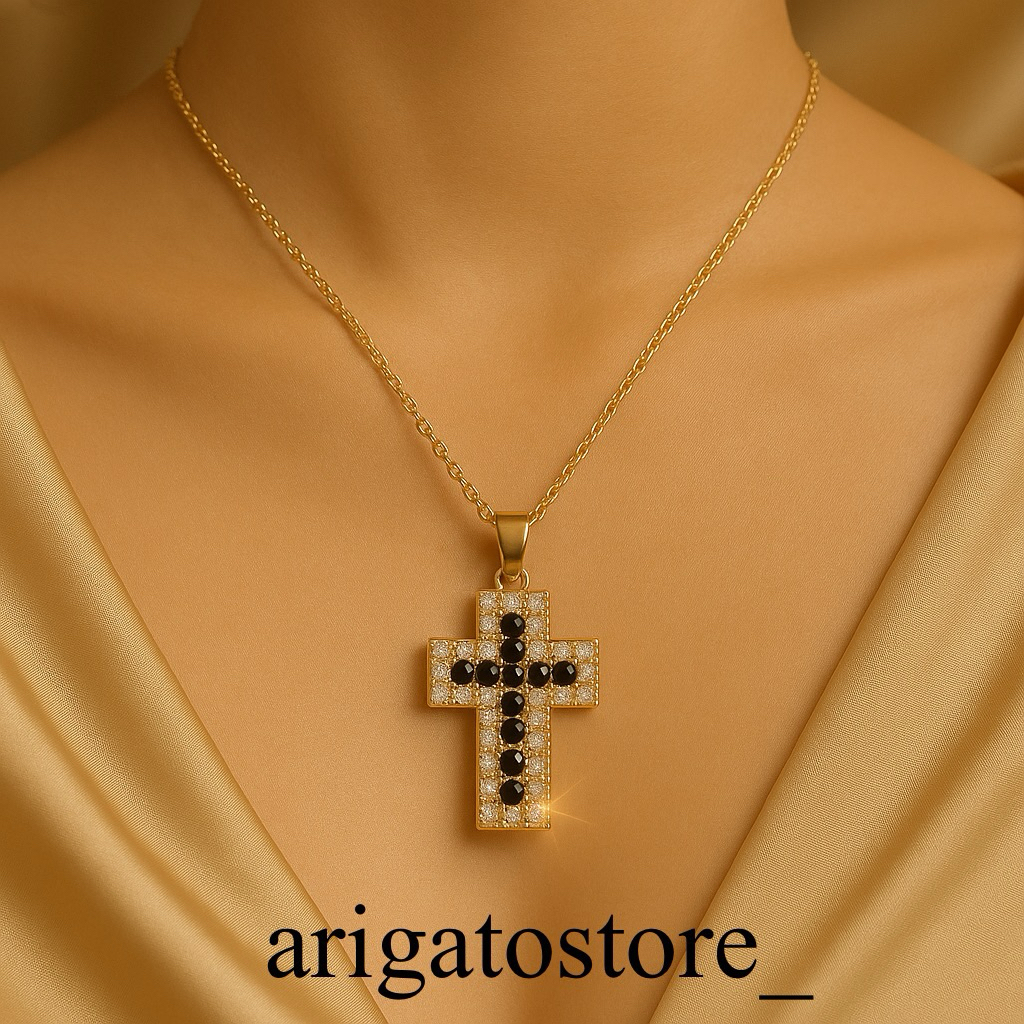 Kalung Salib Wanita Titanium Permata Titanium Asli Anti Karat Elegan Silver Hitam