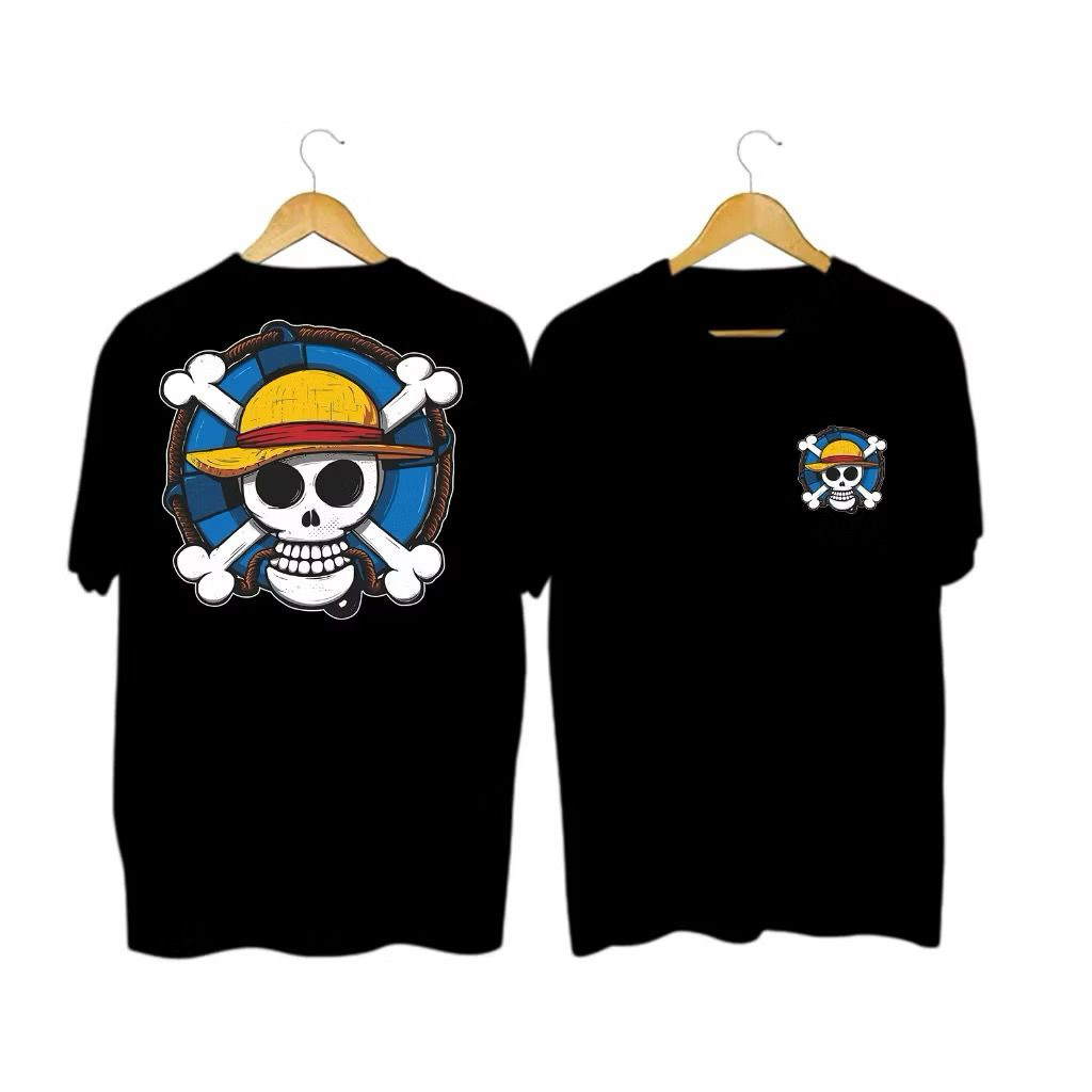ATASAN KAOS OBLONG GAMBAR BENDERA TOPI JERAMI ONE PIECE COWOK DEWASA LENGAN PENDEK DEPAN BELAKANG UK