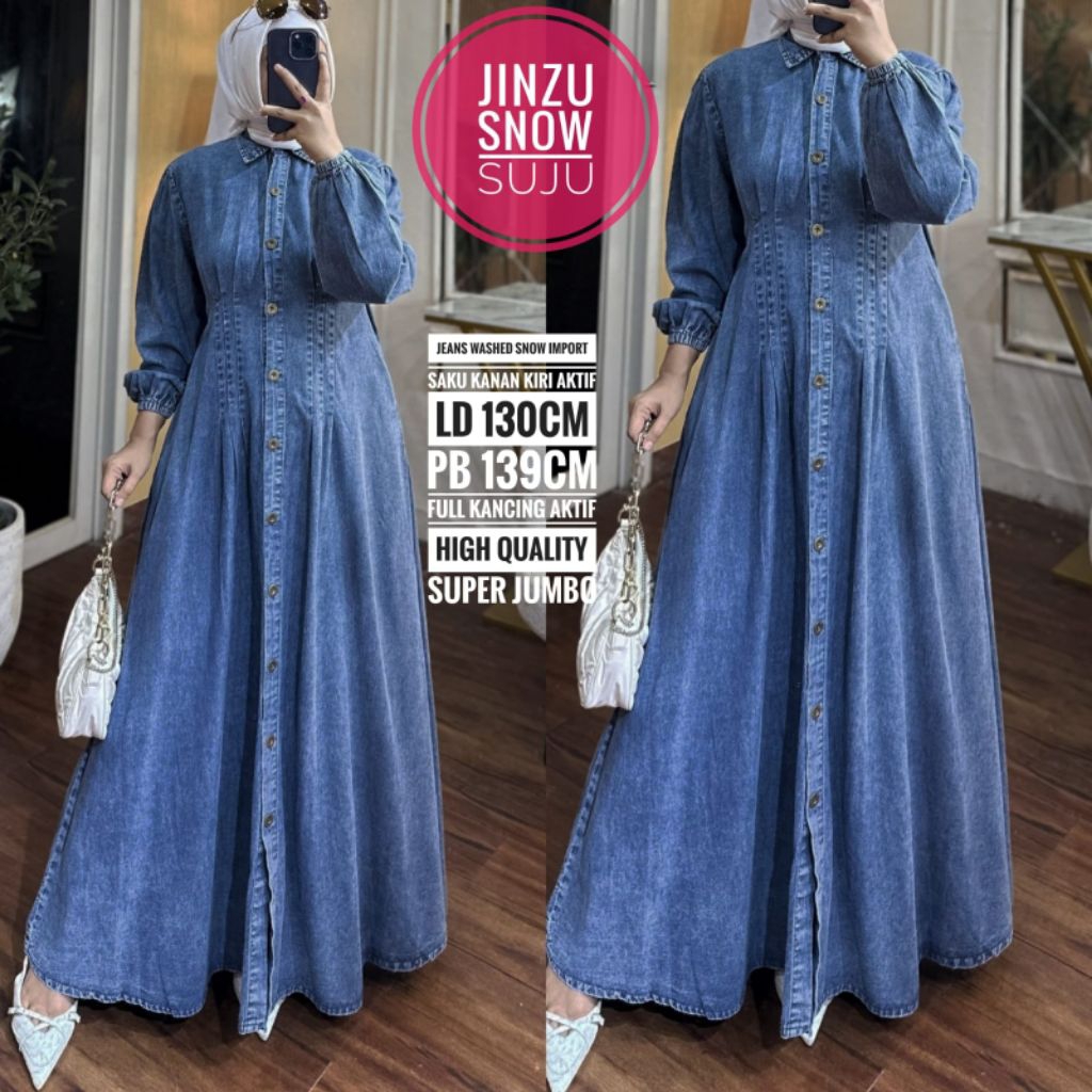 GAMIS JUMBO LD140 LD120 & LD130 - JINZU DRESS JEANS MUSLIMAH PANJANG TERBARU 2025 BUSUI KANCING AKTI