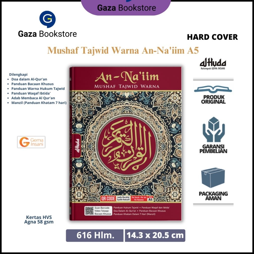 Mushaf Al-Qur'an Tajwid Warna An-Na`iim Ukuran A5 Edisi Spesial (Merah Burgundy) l Tim Al Huda
