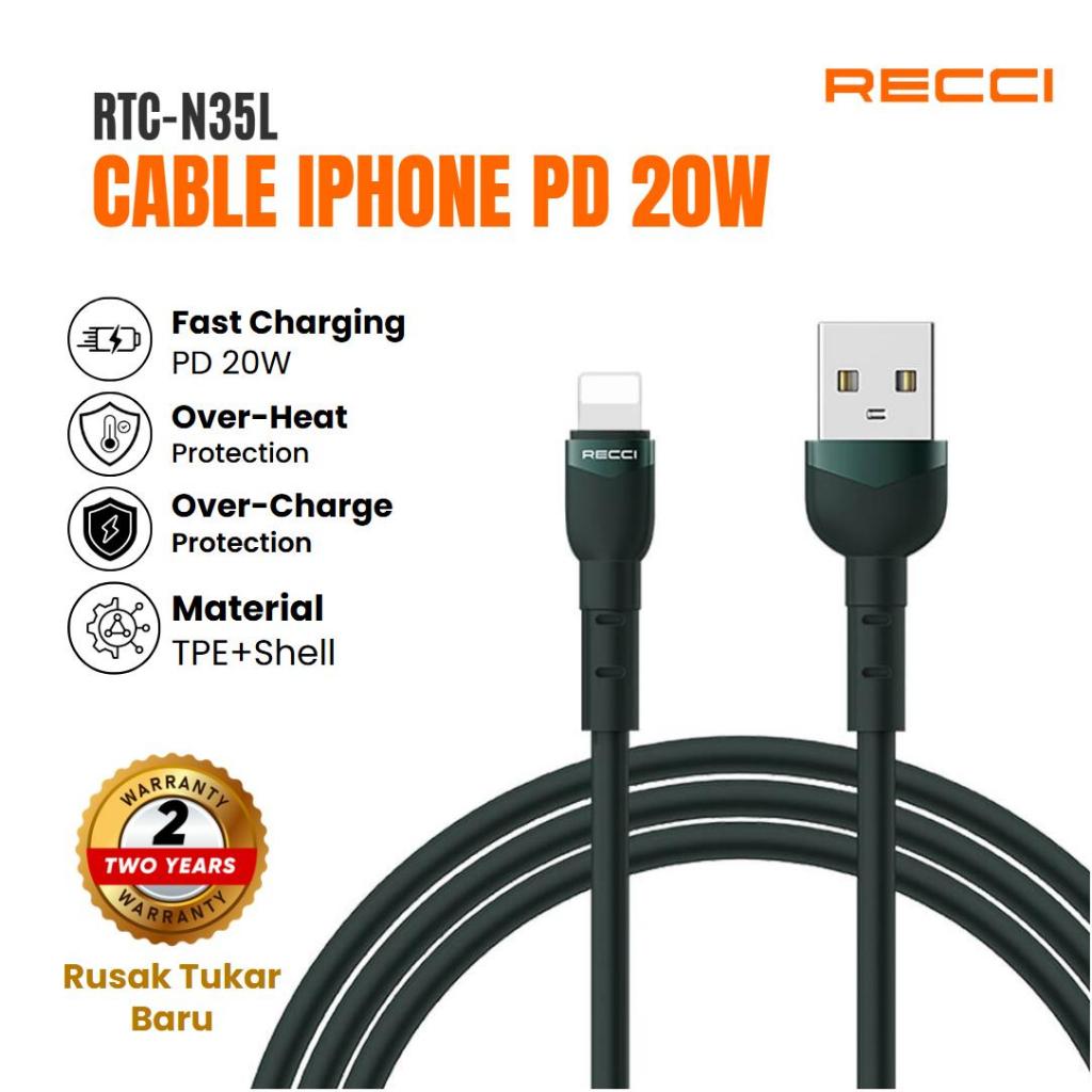 RECCI Kabel iPhone PD 20W 5A Fast Charging RTC-N35L 100cm Tahan Lama & Stabil dengan Perlindungan Ov