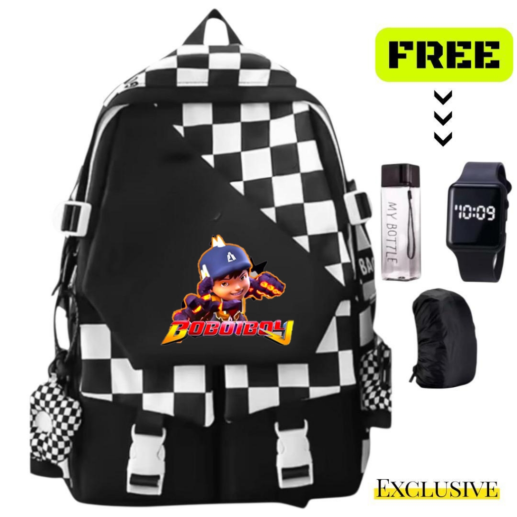 Tas Ransel Sekolah Anak Fashion Motif Krater BOBOIBOY RRS 5014 Free Hadiah Jam Botlle Cover Anti air