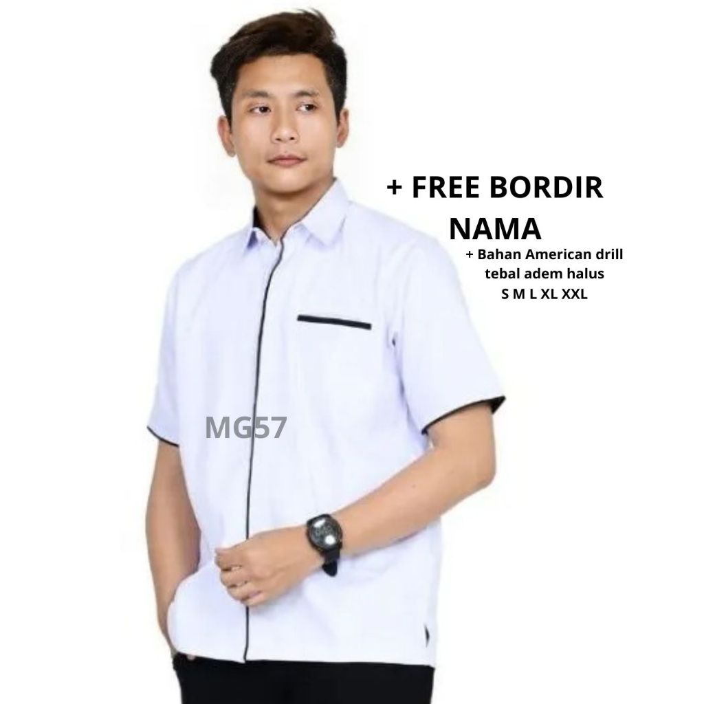 Baju pdh putih pria lengan pendek list hitam