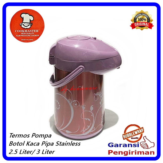 Termos Air Panas Botol Kaca Pipa Stainless 3 Liter/ 2.5Liter Air Pot Motif Warna Dengan Roda Putar C