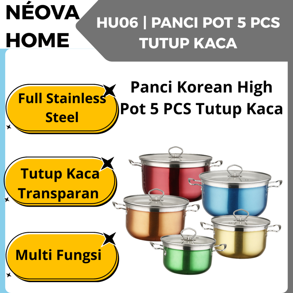 Panci Korean High Pot 5 PCS – Panci Warna Double Bottom Tebal Tutup Kaca Elegan