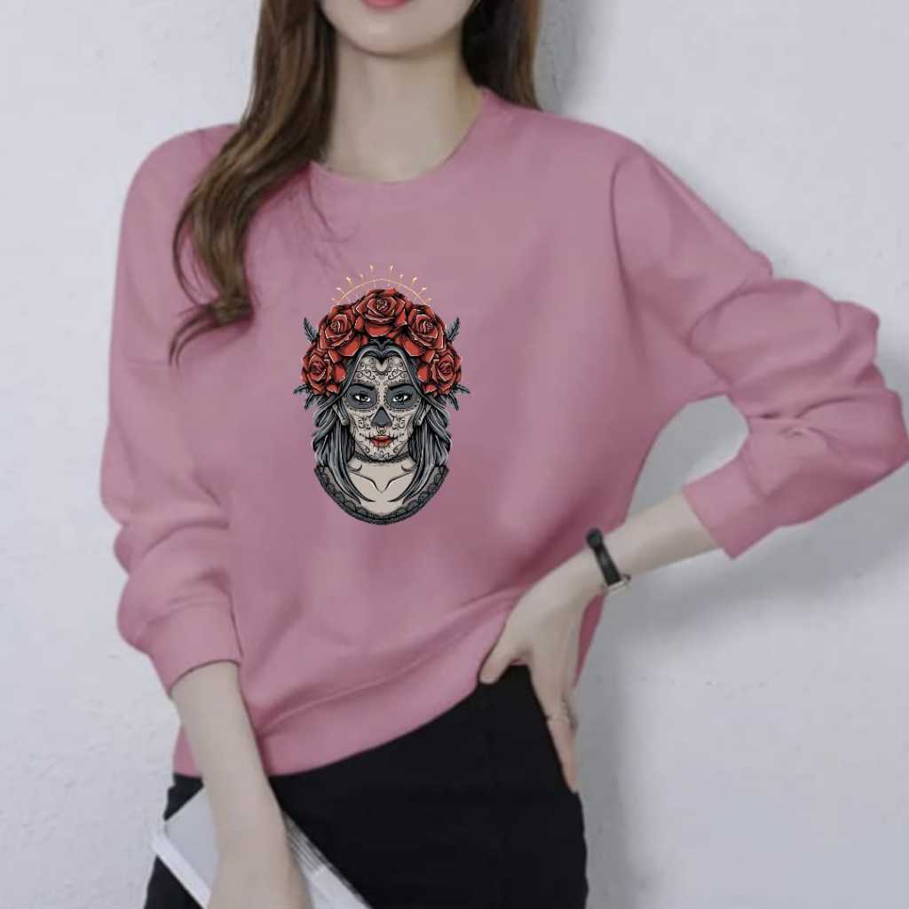 KAOS ATASAN WANITA LENGAN PANJANG DEWASA MOTIF KEPALA TATO TRENDY KEKINIAN GAMBAR CETAK PRINT DTF TE