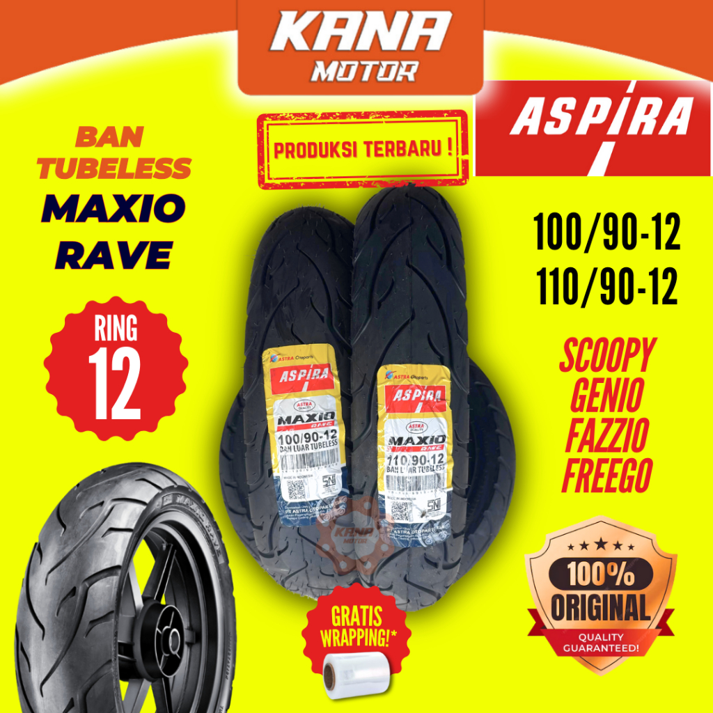 BAN LUAR TUBELESS ASPIRA MAXIO RAVE 100/90 110/90 R12 RING 12RING 12 SCOOPY GENIO FAZZIO FREEGO ORIG