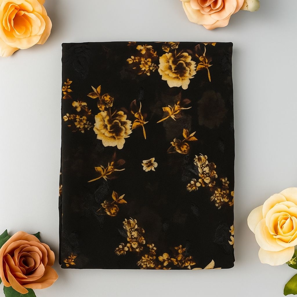 Kain Sifon Rubia Motif Bunga Elegan Hitam Gold – Bahan Jahit Premium untuk Gamis, Dress, Hijab, Blou