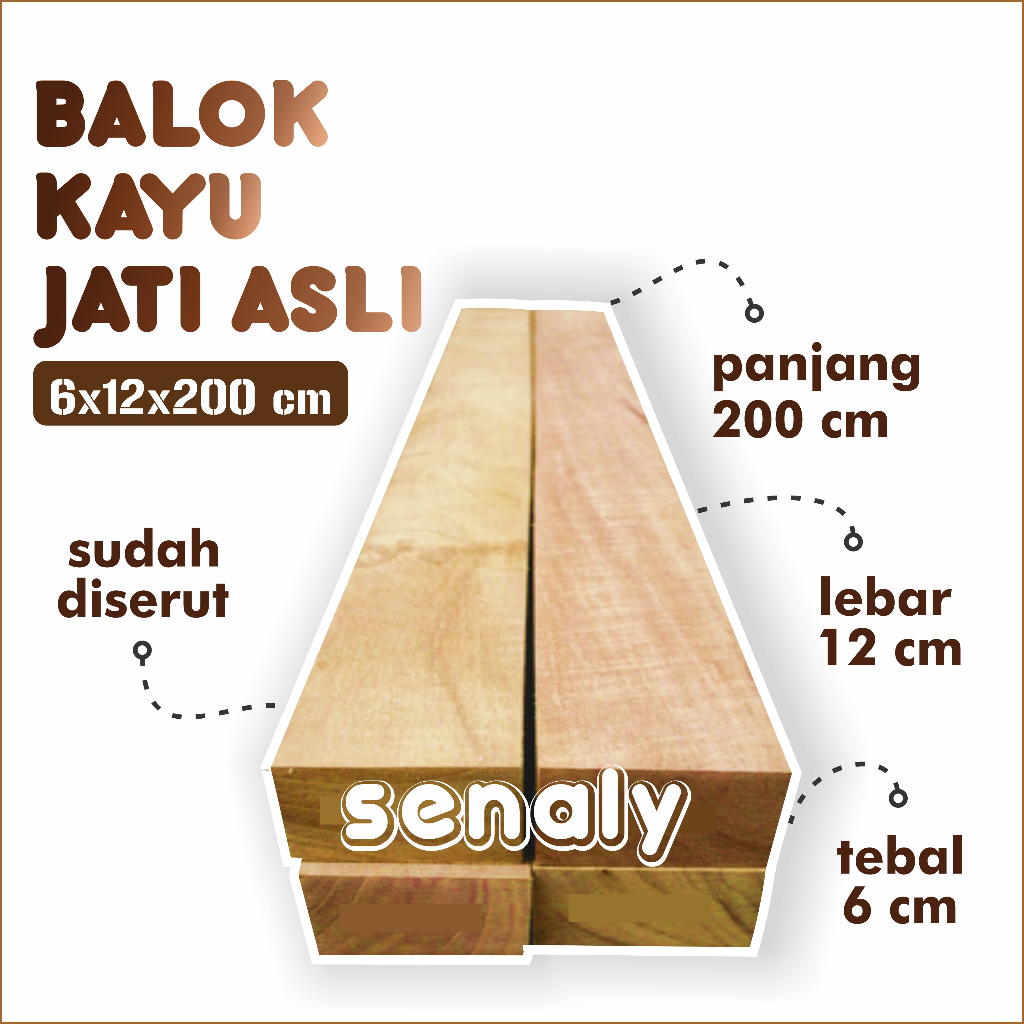 Balok Kayu Jati Asli 6x12x200 cm Allgrade Papan Tebal Kondisi Serut Rapi - senaly -