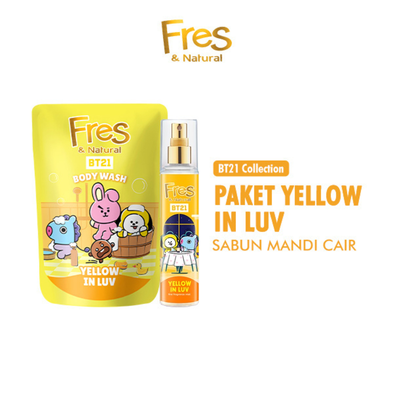 Fres & Natural Sabun Mandi Cair BT21 Yellow in Luv Pouch 400 ml + Fres & Natural Spray Cologne BT 21