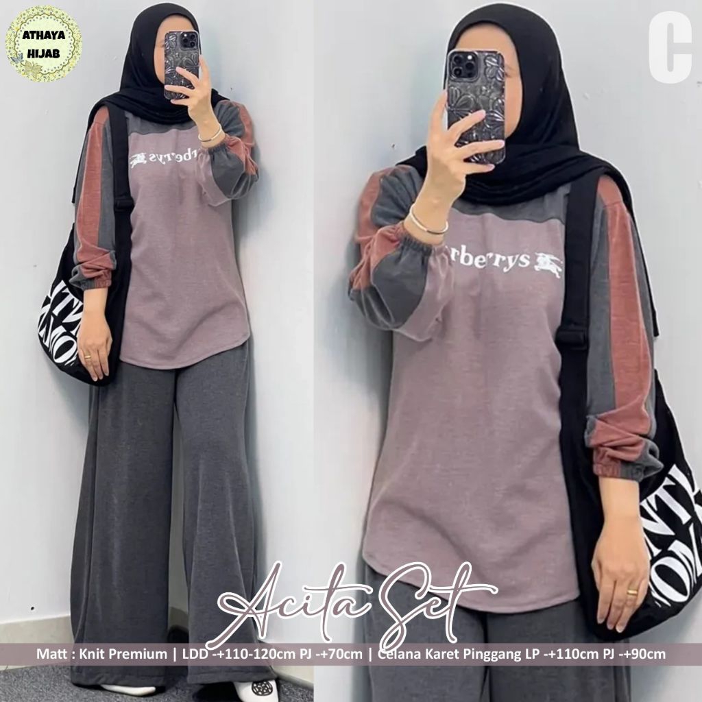 Acita set ori athaya / swtwlan wanita bahan knit / set baju remaja wanita