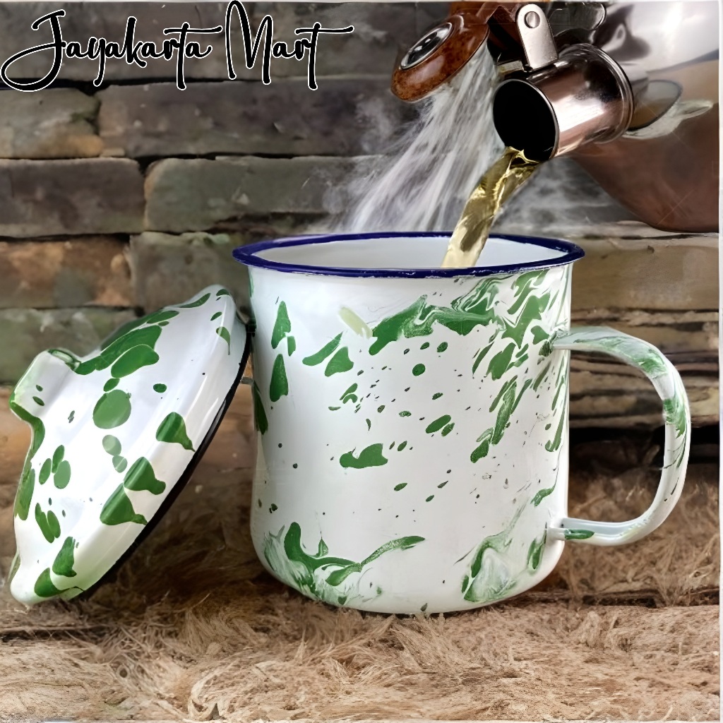 Mug Enamel Blirik Jadul 10cm + Tutup / Cangkir Motif Loreng Klasik Khas Pedesaan