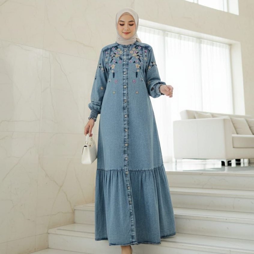 Dress Tiara Denim Bordir Premium Gamis Denim Bordir Kondangan Dress Pesta Busui Bordir  Bunga