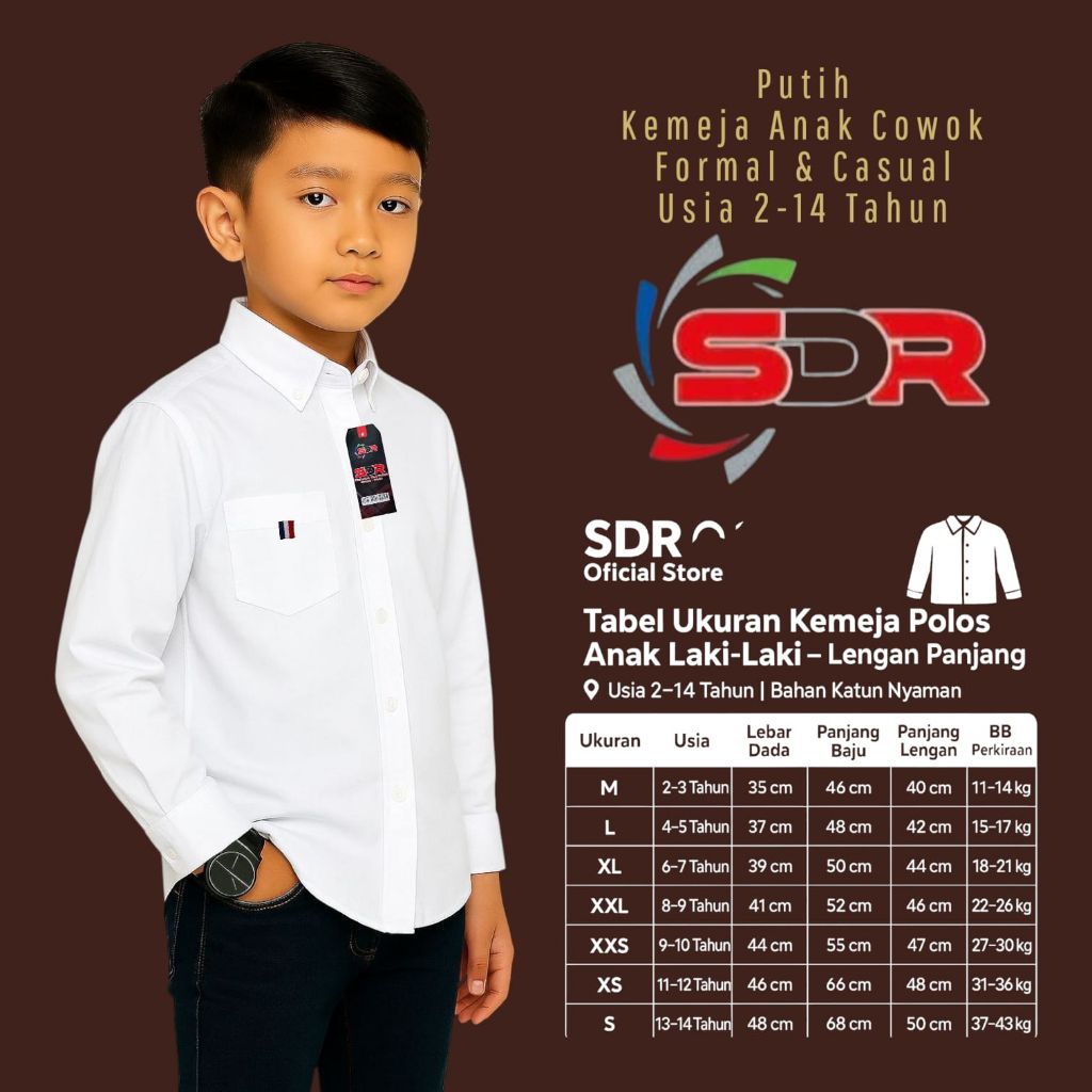 Baju Kemeja Anak Putih Lengan Panjang Stylish - Outfit Anak Cowok Keren Usia 2-14 Tahun
