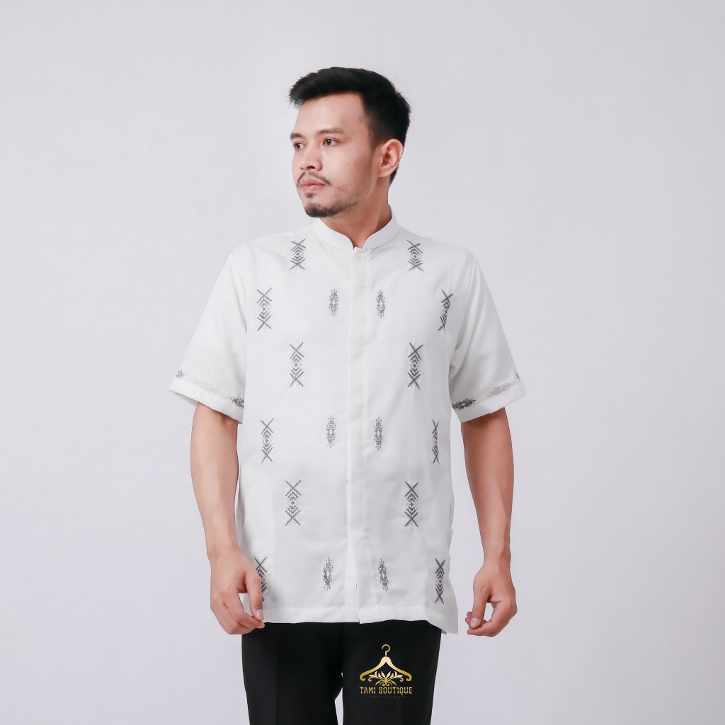 Baju Koko Tangan Pendek Dewasa Motif Bordir Tabur Polikatun Semi Sutra Bintik Premium