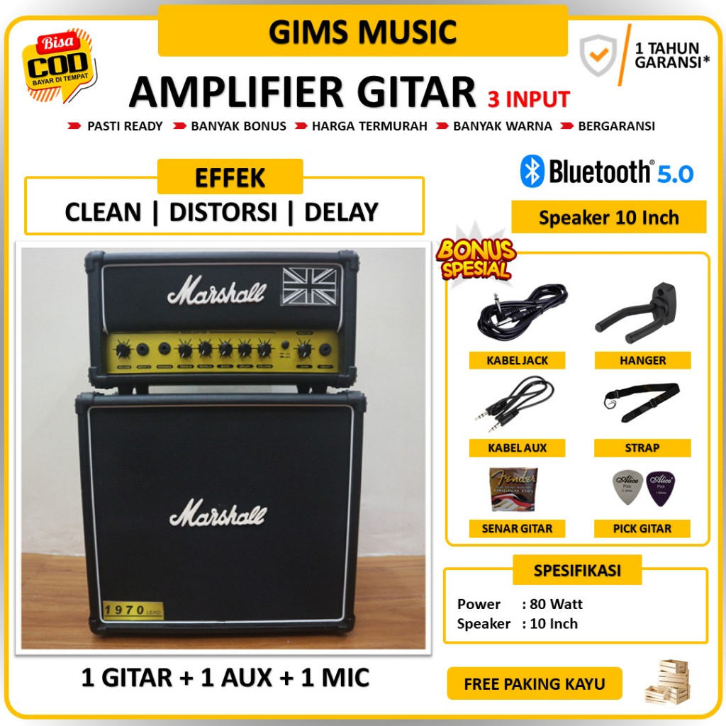 Ampli Gitar & Bass 10 Inch Bluetooth 3 Input  Head Cabinet Bisa Untuk Karaoke Bergaransi