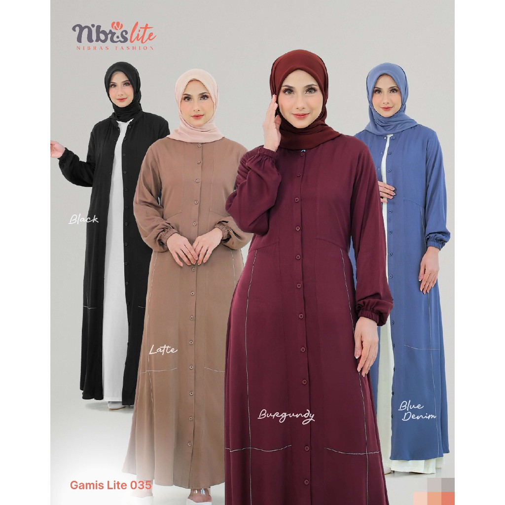 Nibras Gamis Lite 035 Black Hitam Biru Tua Denim Coklat Latte Marun Burgundy Baju Muslimah Panjang S