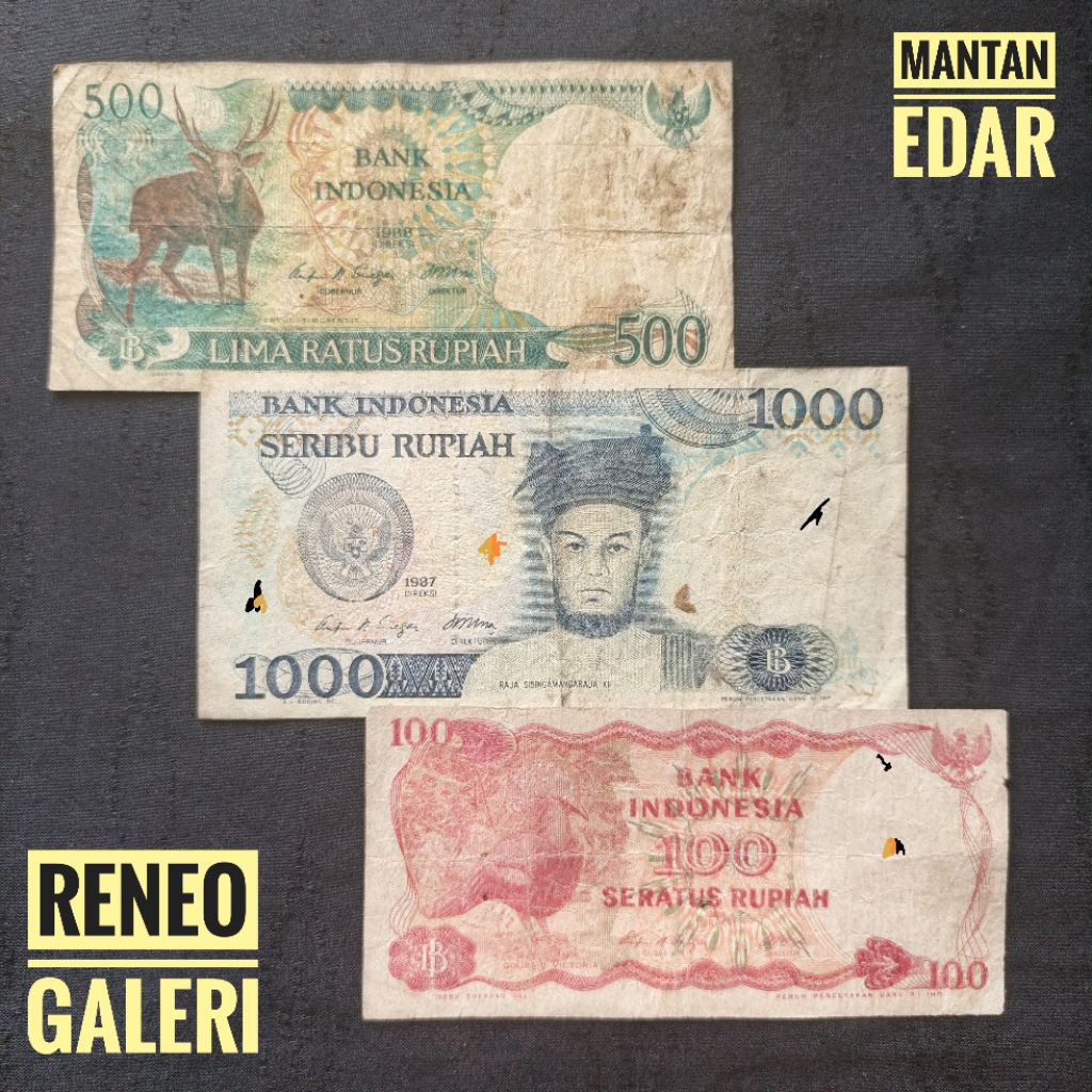 Paket 3 Lembar asli Tahun 80an Uang Kertas kuno duit lama Indonesia asli 1980an miniset 100 500 1000