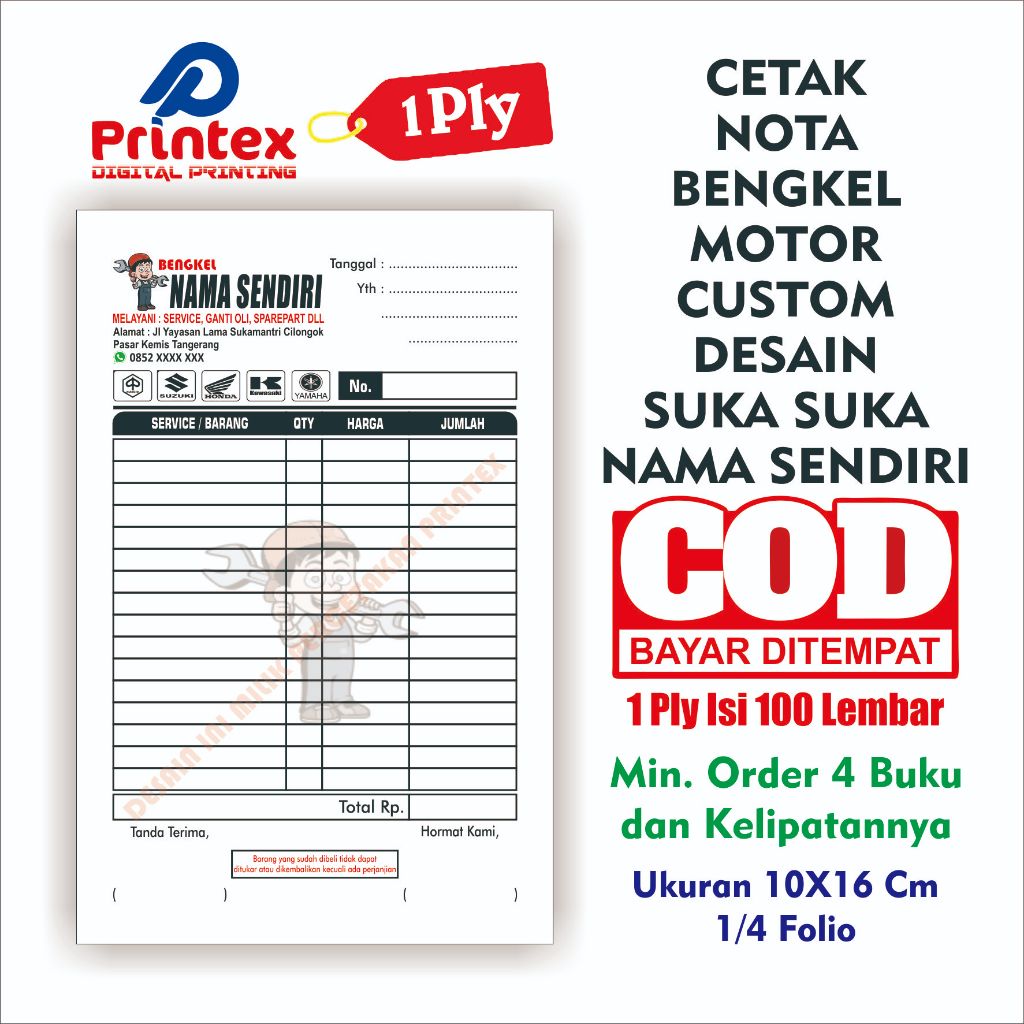Nota Custom Bengkel Motor 1 PLY Nama Sendiri Kwitansi Faktur