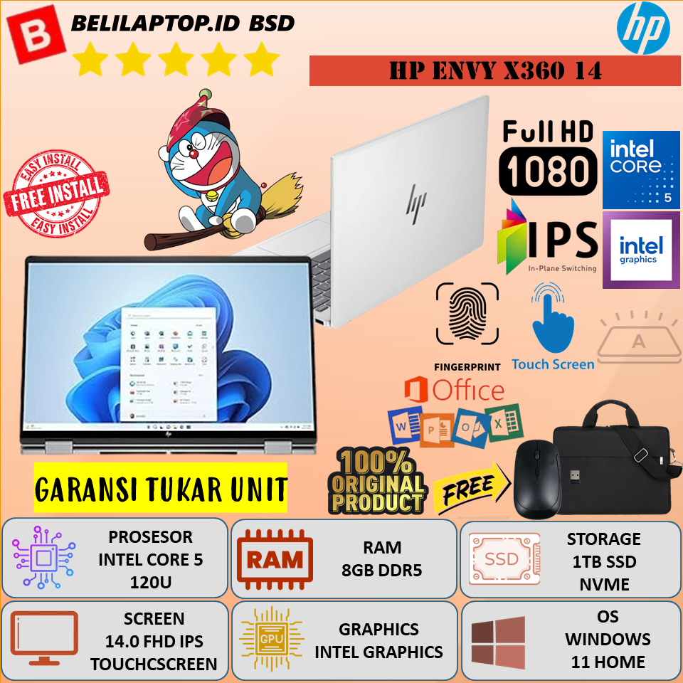 Laptop Baru 2in1 HP ENVY X360 Intel Core 5 120U RAM 8GB 1TB SSD 14" FHD IPS Fingerprint Windows 11 O