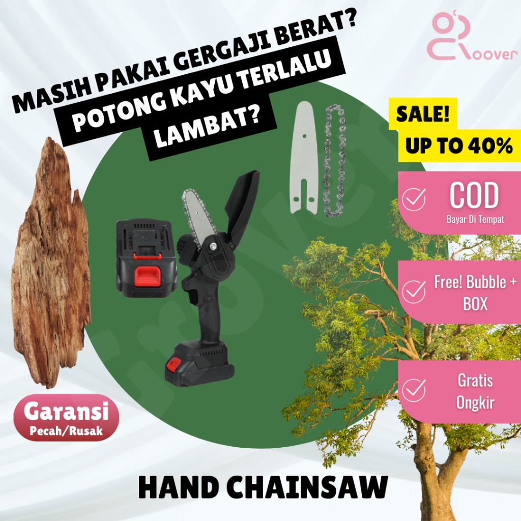 Gergaji Tangan Elektrik 6 Inch Mini Hand Chainsaw Chain Saw Gergaji Rantai Listrik Rechargeable 198v