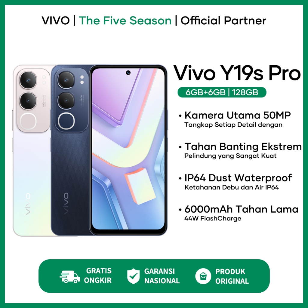 Hp Vivo Y19s Pro 4/64GB 4/128GB 6/128GB - IP64 Tahan Air, 50MP Camera, Garansi Resmi Vivo Indonesia