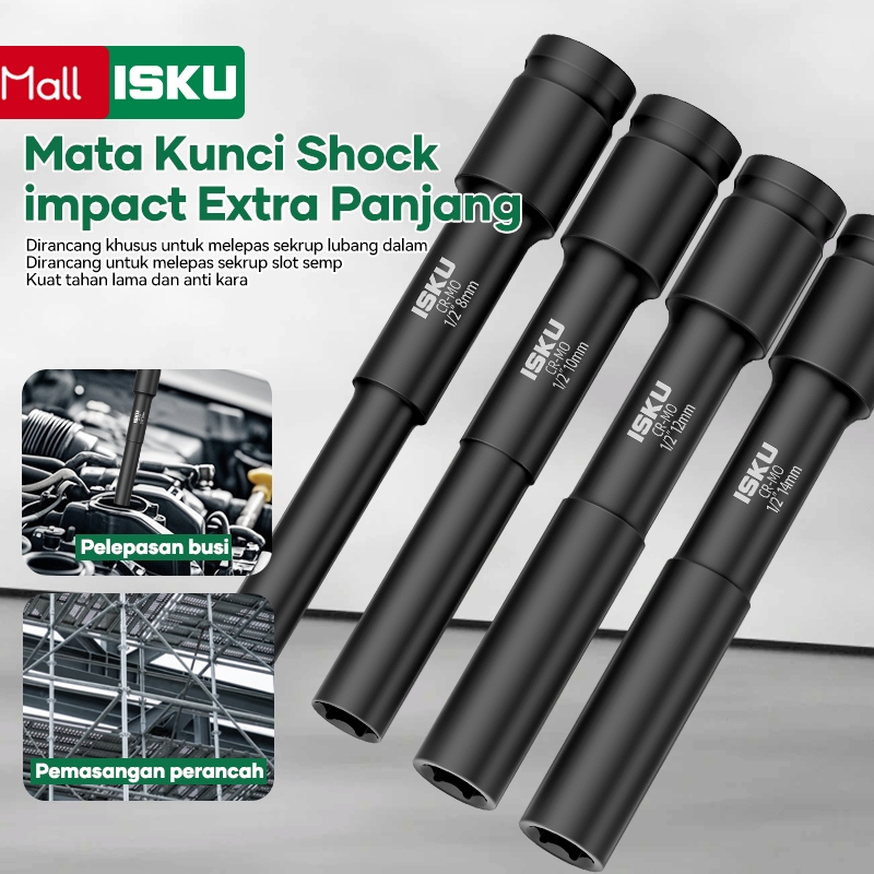 ISKU Socket Shock Impact 1/2" Extra Panjang 8/10/12/14mm - Bolt Remover, Tool Mobil & Motor