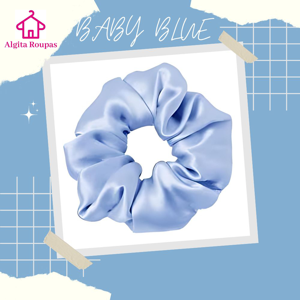 Scrunchie Ikat Rambut Korea Bahan Satin Elastis Untuk Cepol Hijab Baby Blue Polos Medium