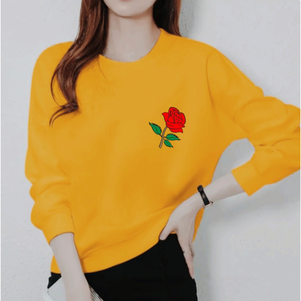 Kaos Atasan Lengan Panjang Wanita Dewasa Motif Mawar Wanita Trendy Kekinian Kaos Long Sleeve Crewnec
