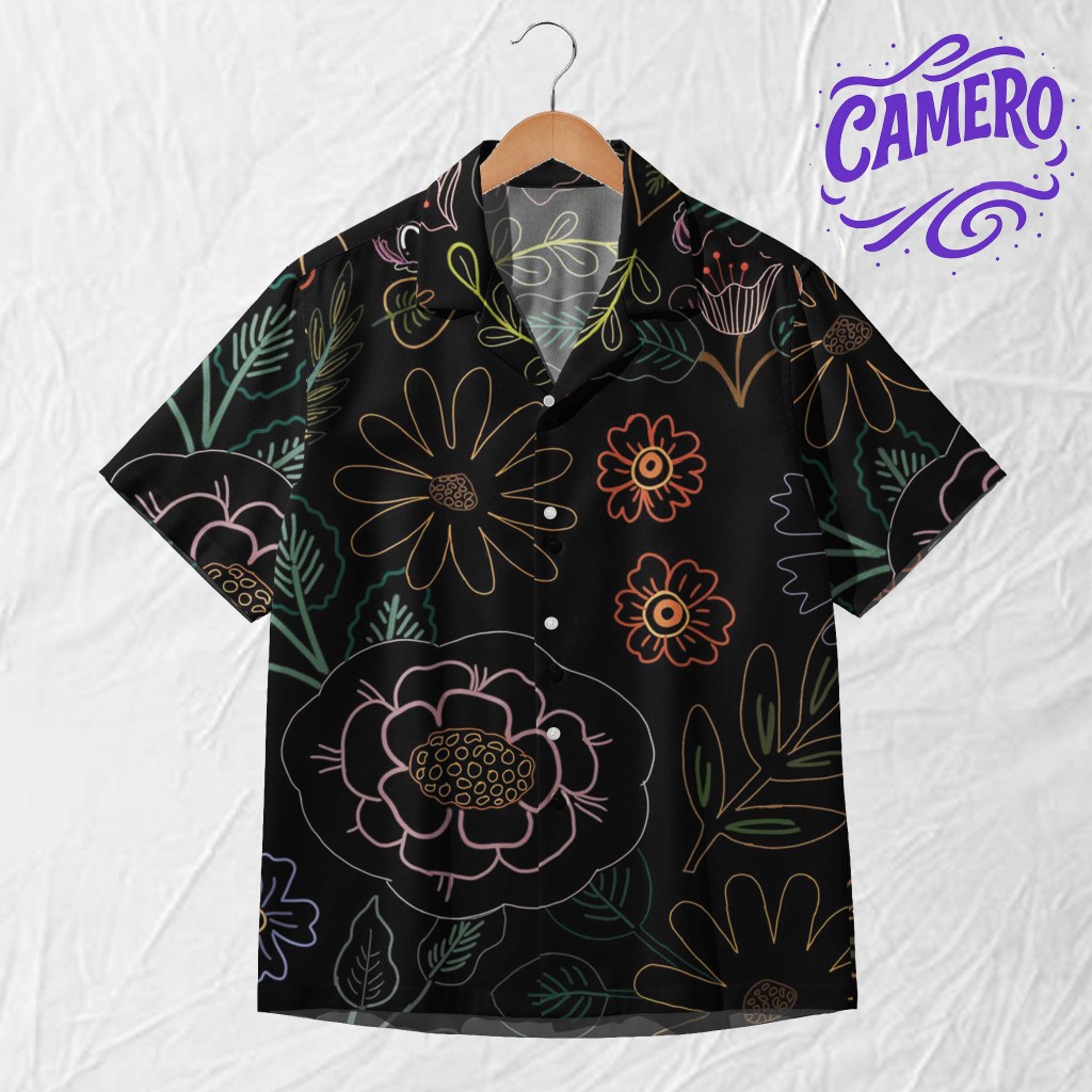 CAMERO Kemeja Pria Motif Bunga – Kemeja Hawaii Desain Line Art, Baju Printing Doodle Keren | CM101