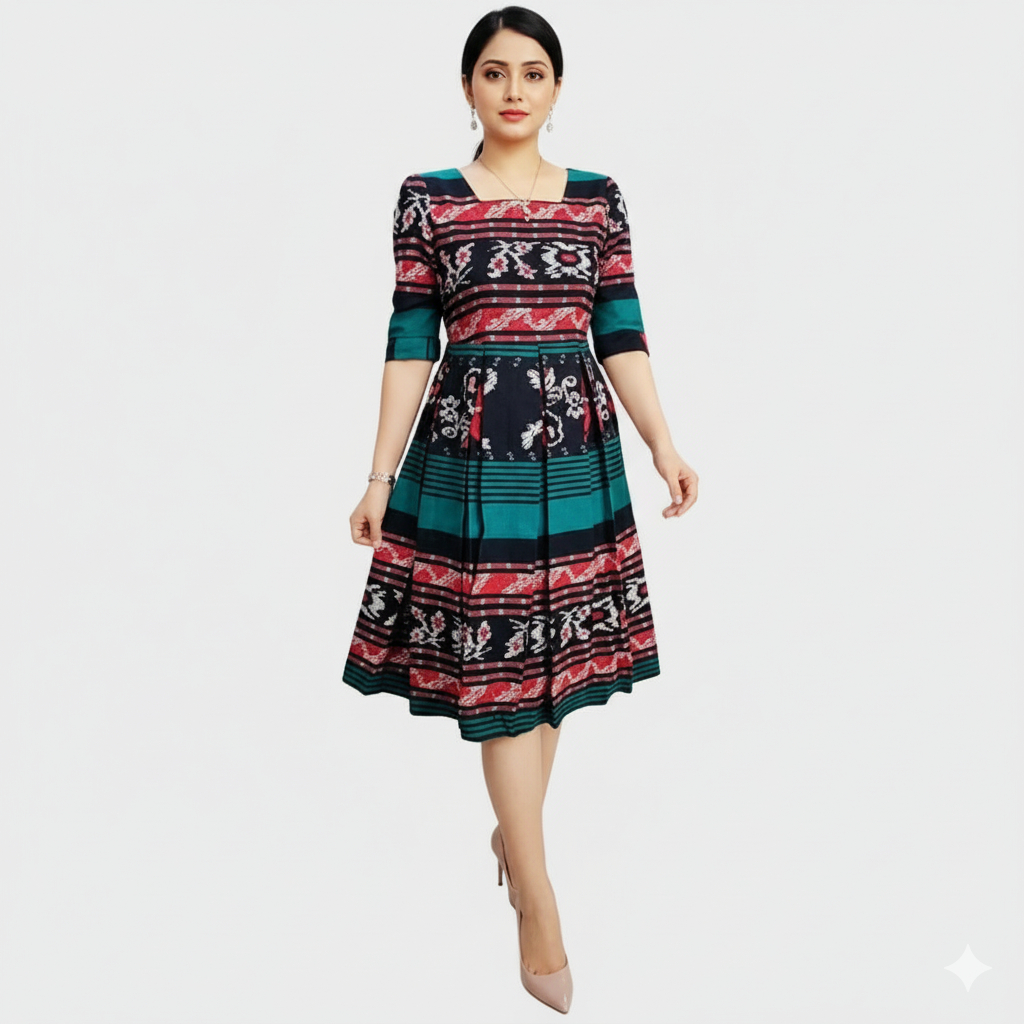 GAUN TENUN WANITA ELEGAN MOTIF NTT – DRESS TENUN KOMBINASI LURIK JEPARA UNTUK KONDANGAN, FORMAL, CAS