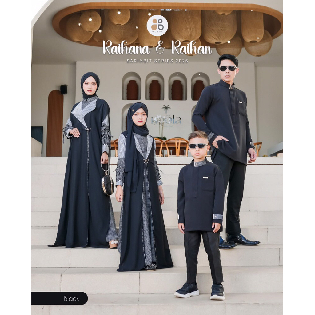 Sarimbit Nubua Raihana & Raihan Black/Baju Couple Pasangan Gamis Pesta Mewah Elegan Baju Couple Kelu