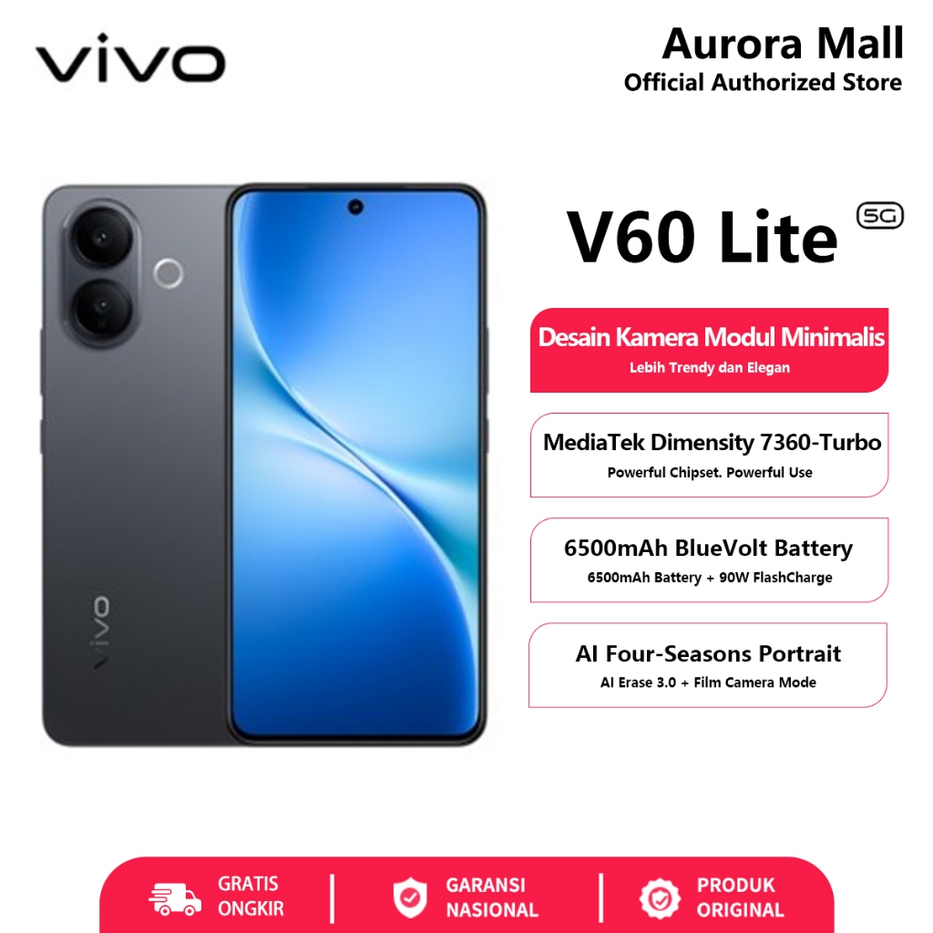 Vivo V60 Lite 5G 12/512GB 8/256GB 8+8GB Extended RAM NFC 90W FlashCharge 100% Ori Garansi Resmi