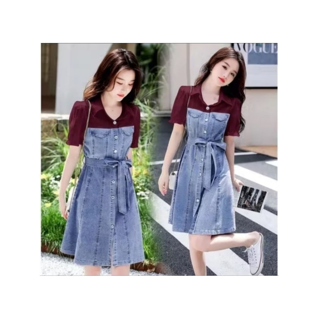 Outfit Wanita Remaja Korea Look Dress Jeans Simple Lengan Pendek Kombinasi Katun