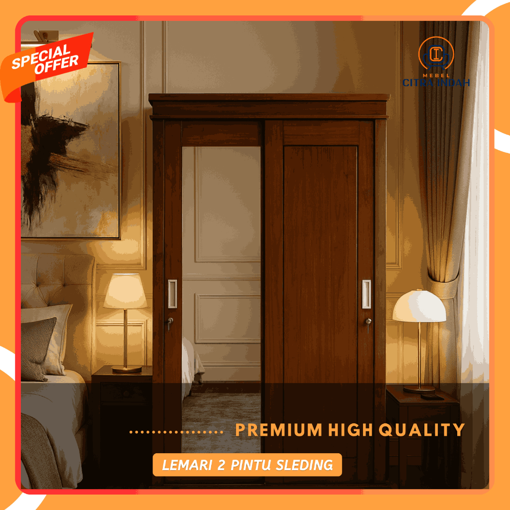 Lemari Jati Pintu 2 Sleding Pakaian Minimalis Almari Baju Pintu Geser Sliding Full Kayu Jati