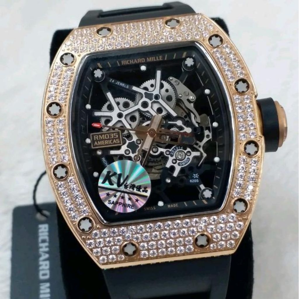Jam tangan Automatic Swiss RM 035 Americas Skeleton Frosted Diamond Stainless steel - Black rubber, 