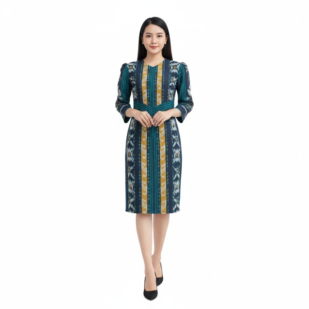 DRESS TENUN WANITA MOTIF TORAJA MODEL SPAN WARNA HIJAU TOSCA PREMIUM