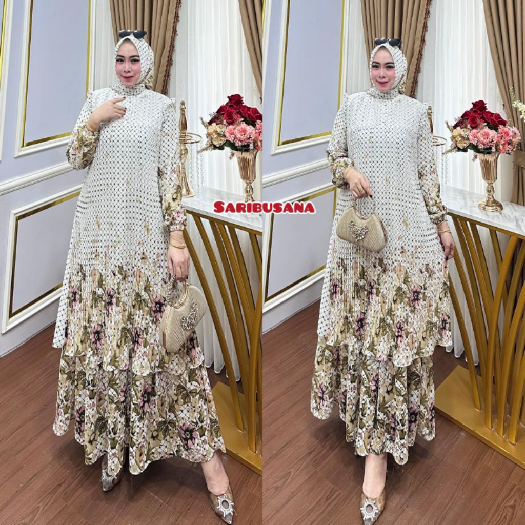 QUEENA Gamis Ceruty Babydoll Premium Plisket Depan Mix Renda Set Hijab