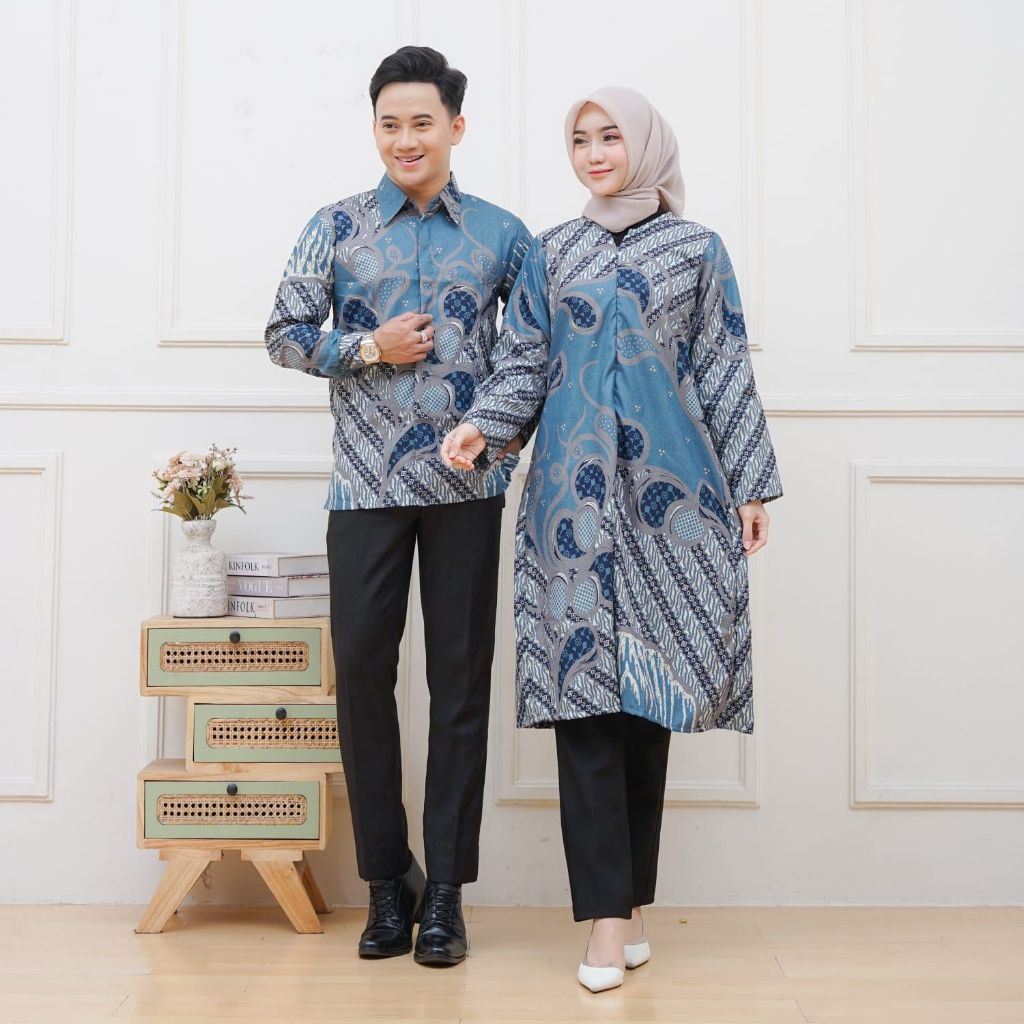 Batik Couple Pria dan Wanita, Tersedia Batik Lengan Panjang dan Tunik, Warna Biru denim/Biru Muda, M