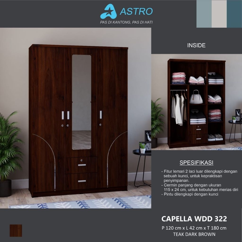 Lemari Baju 3Pintu Kaca Panjang