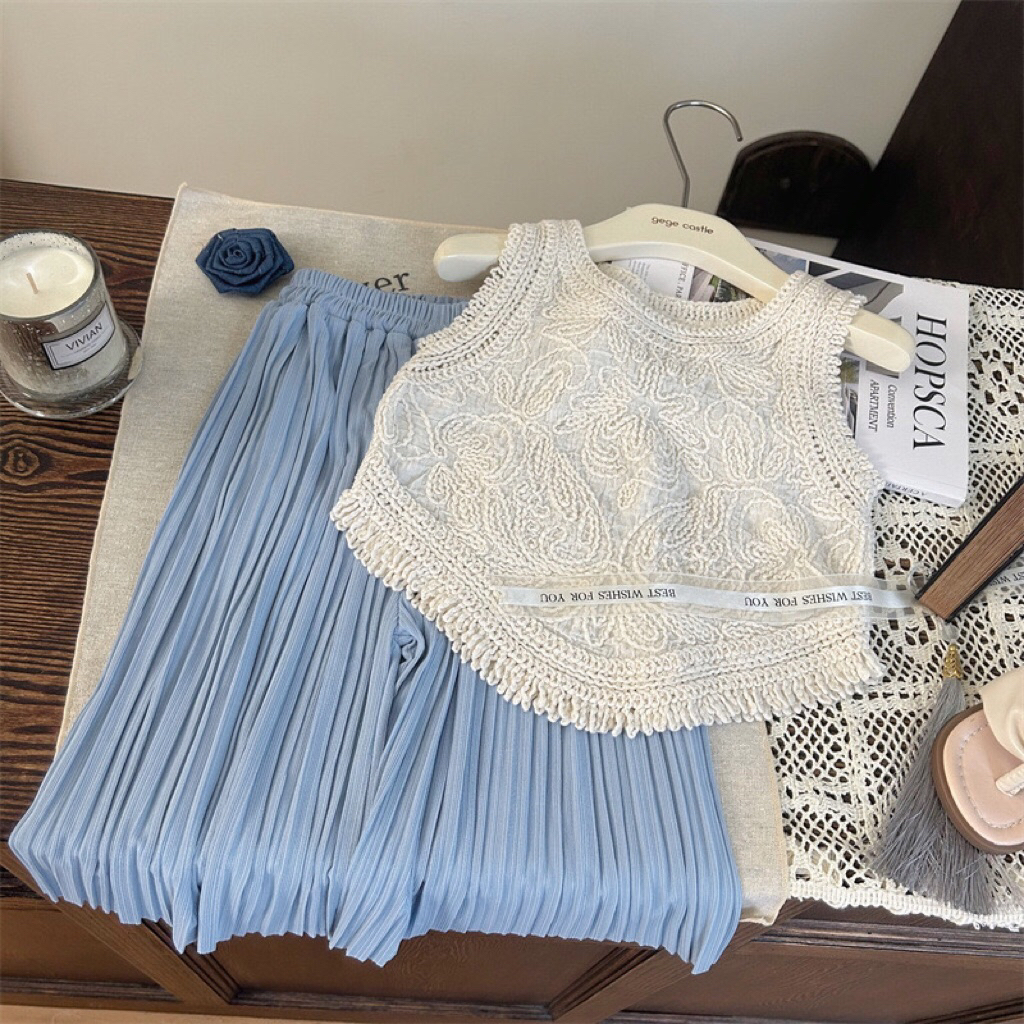 setelan anak plisket kulot blouse tanktop kutung brukat putih import fashion anak perempuan