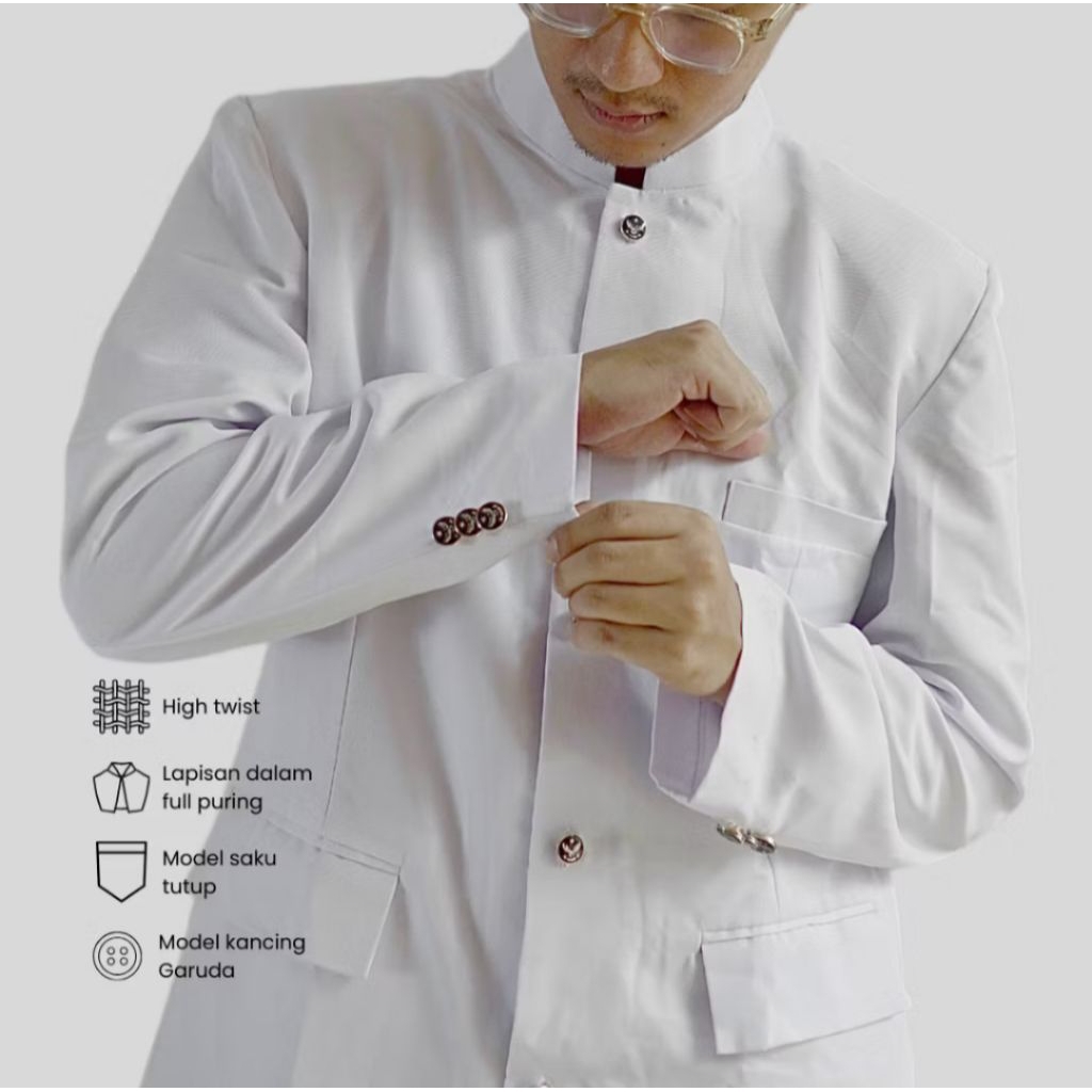 Bescap Jas Koko Pria Putih Polos Saku Tutup  Formal Informal S-XXL